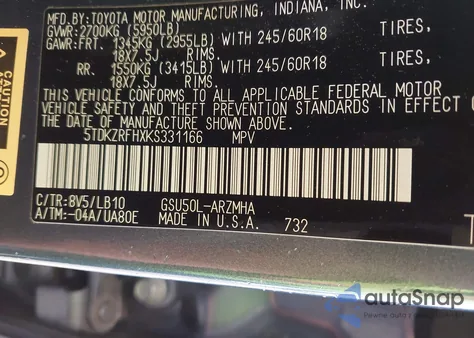 2019 Toyota Highlander Xle z USA, uszkodzony, nr VIN 5TDKZRFHXKS331166